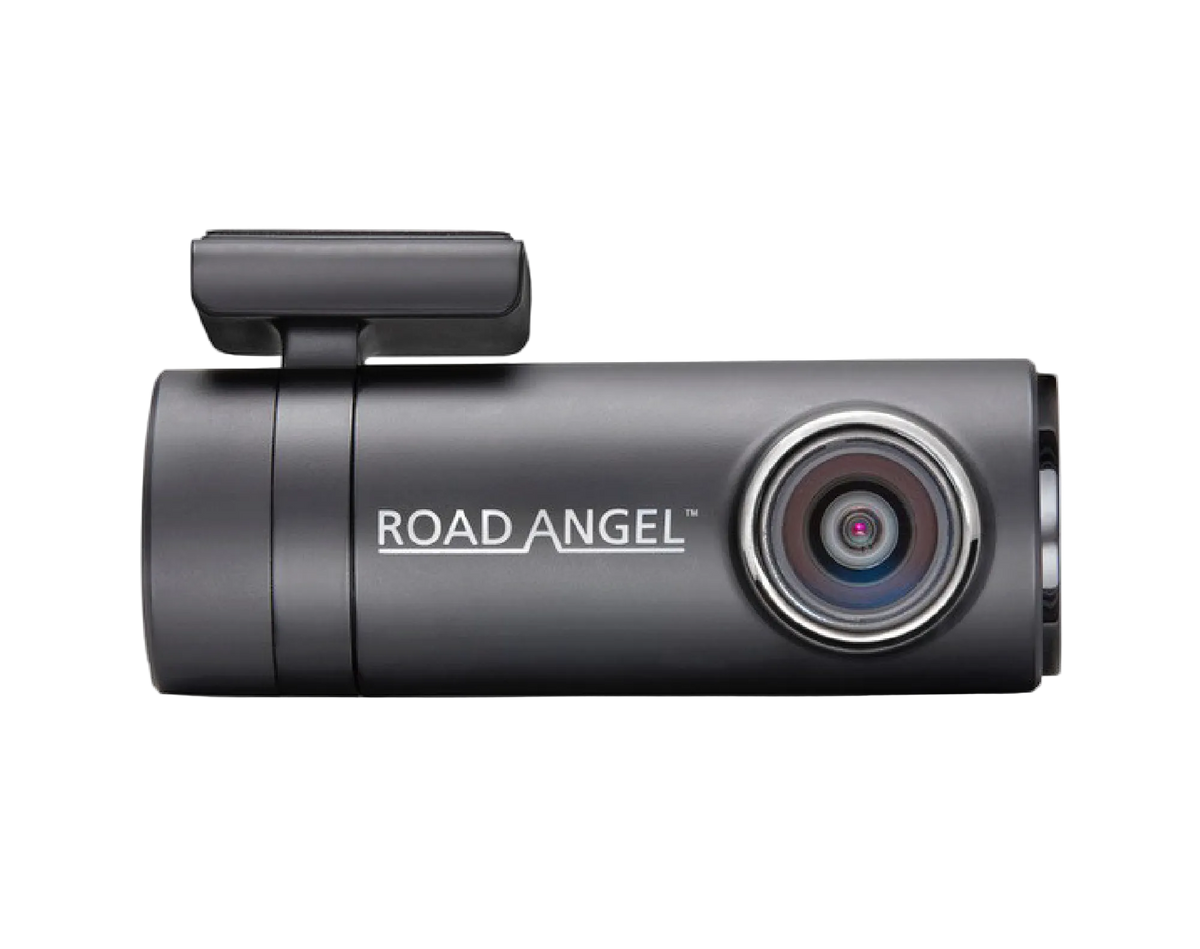 A black Road Angel Halo Drive 2 dash cam with a visible camera lens and brand logo.