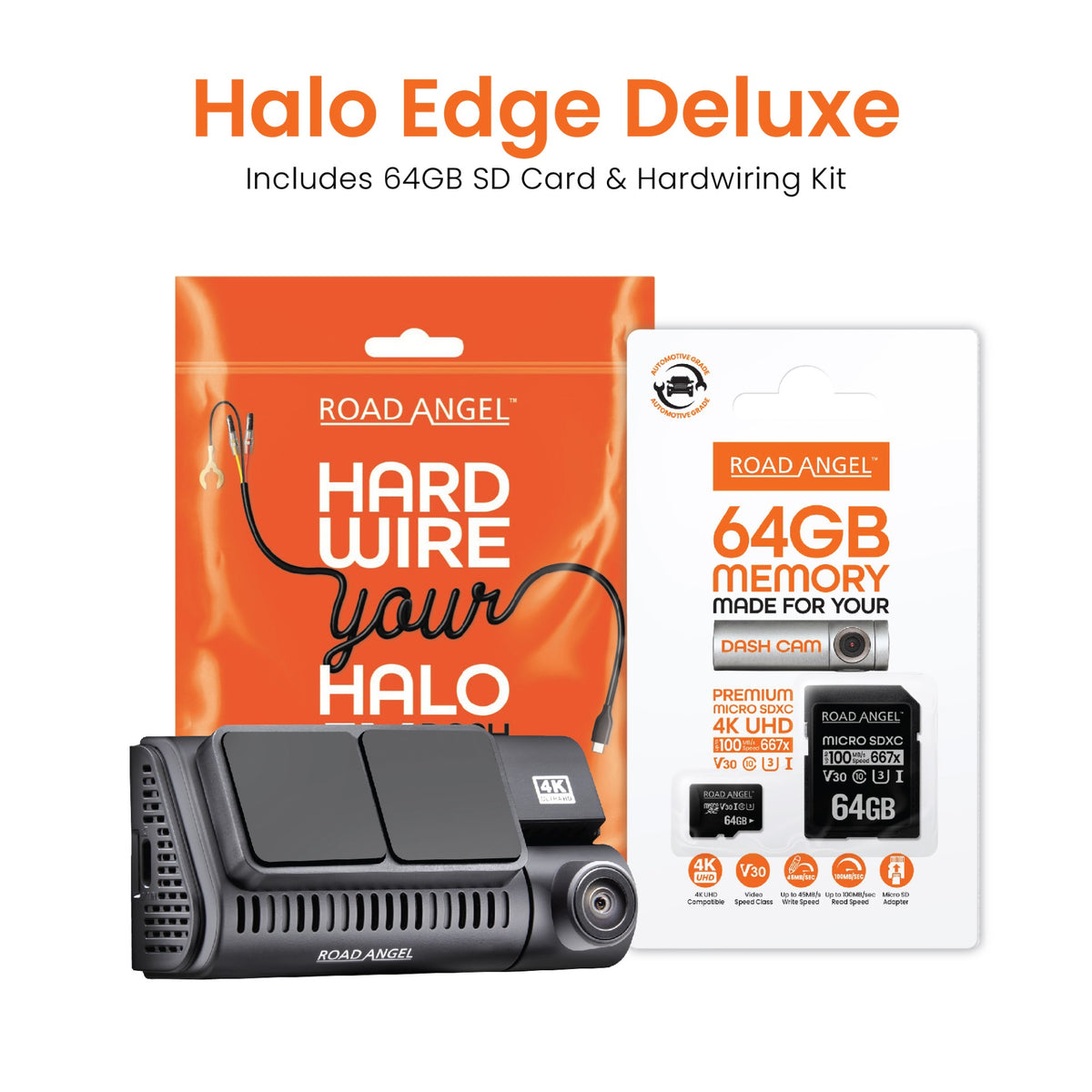 New - Road Angel Halo Edge 4K Single Dash Cam with Parking Mode & Quick Release Mounting With 64GB SD Card & Hardwiring Kit Bundle