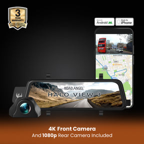 New - Halo View 3 4K – 2160p & 1080p Front & Rear Anti-Glare Mirror Dash Cam with integrated 10 inch LCD touchscreen & Reverse Parking Aid With 64GB SD Card & Hardwiring Kit Bundle